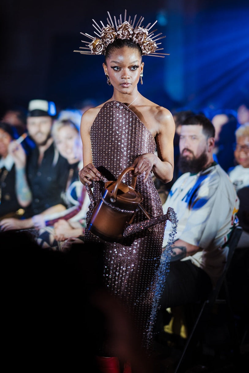 "Fertile Soil" beaded structured top midi length cocktail dress